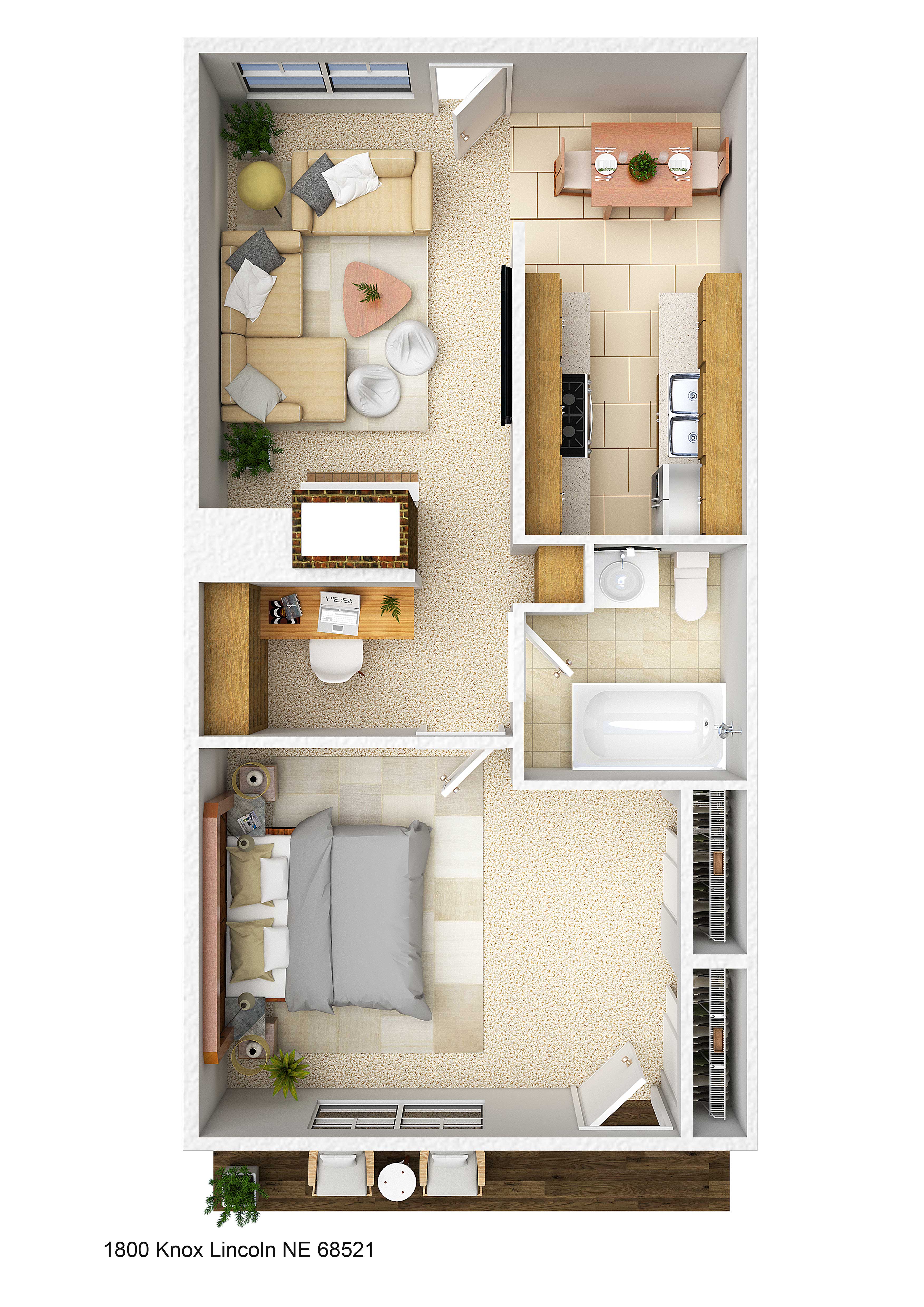 Floor plan for 1 bed, 1 bath, 675 sqft